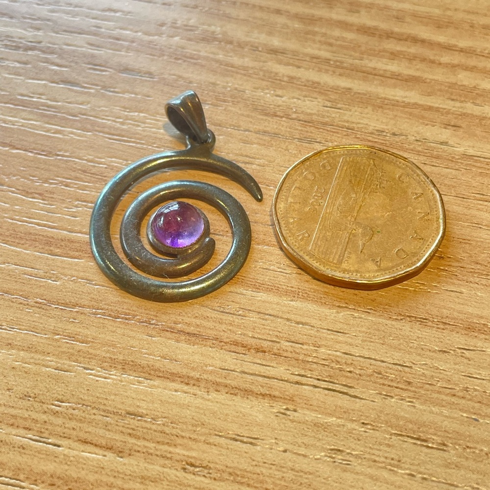 Oxidized Sterling Silver Spiral Pendant with Purple Stone, stamped 925